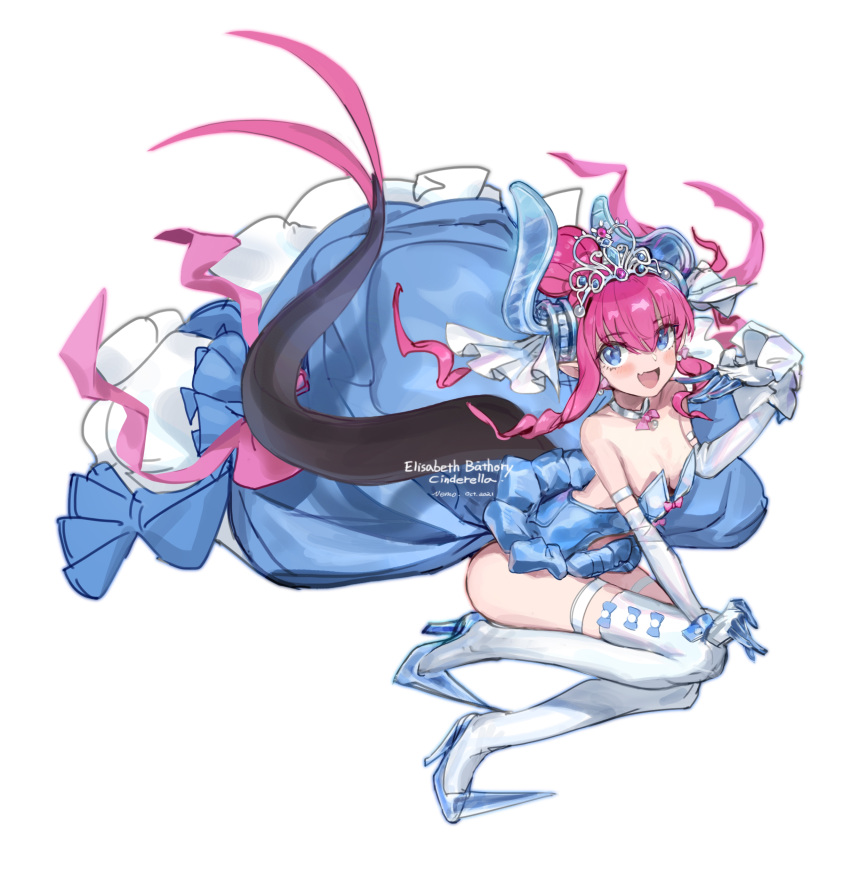 1girl :d absurdres artist_name blue_eyes blush breasts character_name dated elbow_gloves elizabeth_bathory_(cinderella_rider)_(fate) elizabeth_bathory_(fate) fang fate/grand_order fate_(series) glass_footwear gloves high_heels highres horns long_hair looking_at_viewer nemo_(leafnight) pink_hair simple_background skin_fang small_breasts smile solo symbol-only_commentary tail thigh-highs tiara white_background white_gloves white_legwear