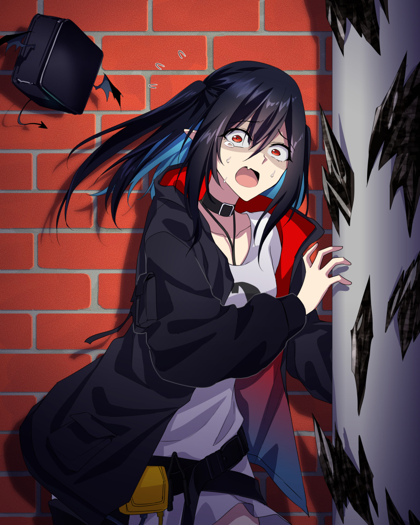 1girl absurdres arknights belt black_collar black_hair black_jacket breasts closure_(arknights) collar collarbone eyebrows_visible_through_hair feet_out_of_frame highres hood hooded_jacket jacket long_hair looking_at_viewer open_clothes open_jacket open_mouth pointy_ears red_eyes shirt solo standing suprii tears upper_body wall white_shirt