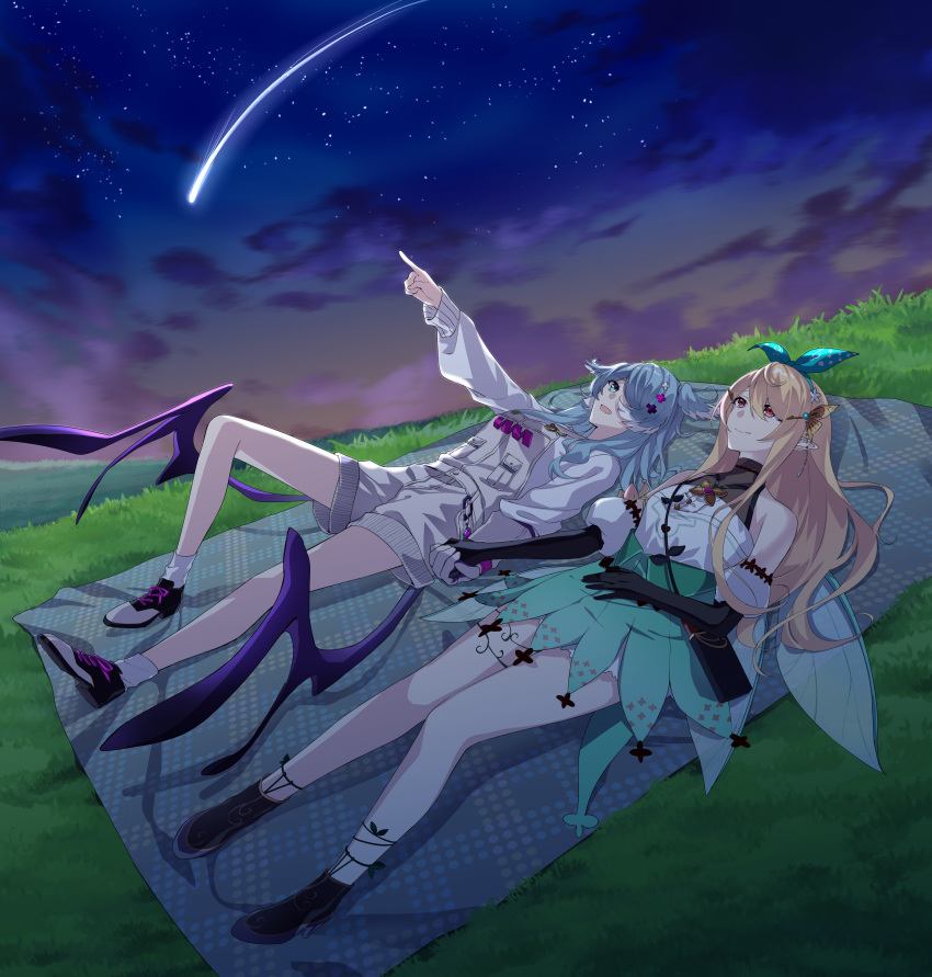 2girls absurdres bangs black_gloves blonde_hair blue_eyes breasts closed_mouth elbow_gloves elira_pendora eyebrows_visible_through_hair gloves hair_ornament hair_ribbon hairclip highres index_finger_raised jewelry legs long_hair looking_up lying multiple_girls necklace night night_sky nijisanji nijisanji_en on_back on_ground open_mouth pointy_ears pomu_rainpuff red_eyes ribbon shoes sky smile star_(sky) starry_sky suprii virtual_youtuber