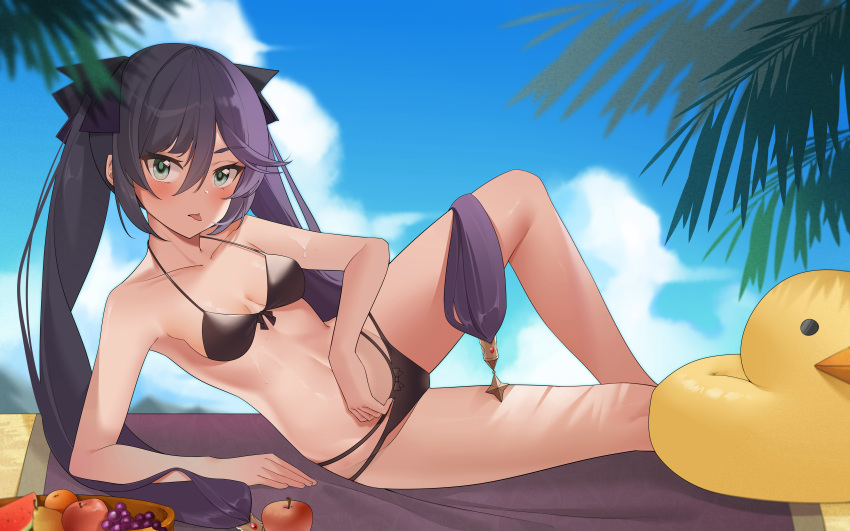 1girl absurdres aqua_eyes arm_support armpits bare_arms bare_shoulders beach_mat bikini black_bikini black_hair bow breasts day front-tie_bikini front-tie_top genshin_impact hair_bow halterneck hand_on_own_stomach highres kemile long_hair looking_at_viewer lying mona_(genshin_impact) multi-strapped_bikini on_side outdoors reclining small_breasts solo string_bikini swimsuit thighs tongue tongue_out twintails