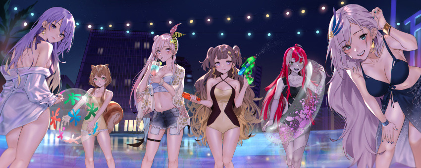 6+girls :d absurdres ahoge airani_iofifteen animal_ears anya_melfissa aqua_eyes ass ayunda_risu ball beachball bent_over bikini bow breasts brown_hair closed_mouth cup denim denim_shorts drinking_glass drinking_straw earrings everyone green_eyes group_picture hair_bow hair_bun hair_ornament heterochromia hievasp highres holding holding_ball holding_cup holding_innertube holding_water_gun hololive hololive_indonesia hood hoodie innertube jewelry kureiji_ollie large_breasts long_hair medium_breasts moona_hoshinova multiple_girls night off_shoulder one-piece_swimsuit open_mouth pavolia_reine pink_eyes pink_hair poolside purple_hair red_eyes redhead shorts small_breasts smile squirrel_ears squirrel_girl squirrel_tail straight_hair swimsuit tail thigh_strap two_side_up very_long_hair virtual_youtuber water_gun