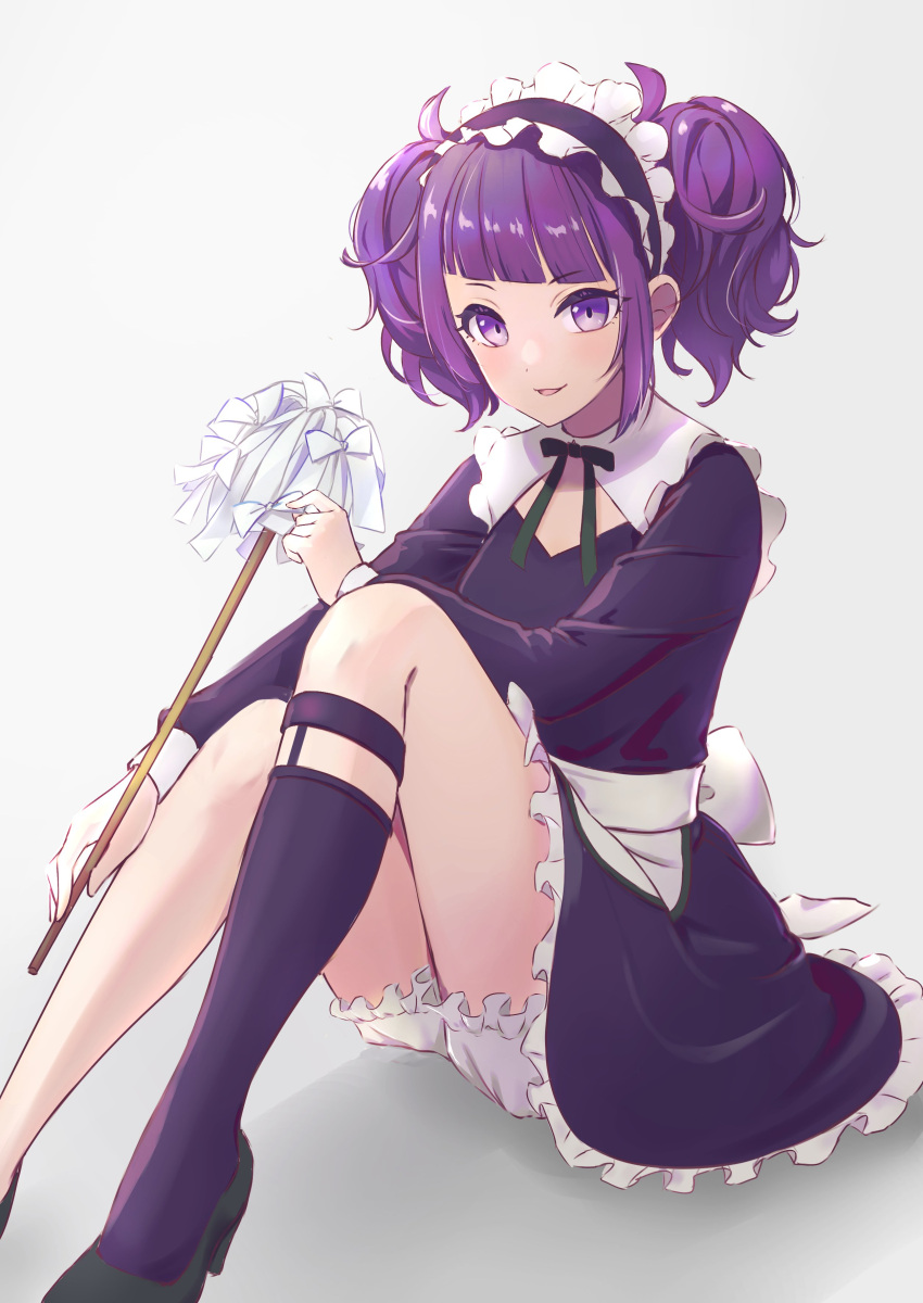 1girl absurdres alternate_costume dress enmaided frilled_dress frills hair_horns high_heels highres hoshina_hoshimi idolmaster idolmaster_shiny_colors long_sleeves maid maid_headdress mop neck_ribbon purple_hair ribbon short_twintails single_sock sitting socks solo tanaka_mamimi twintails violet_eyes