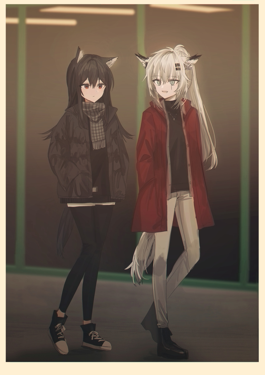 2girls absurdres animal_ear_fluff animal_ears arknights bangs black_footwear black_jacket black_legwear black_shirt brown_pants chihuri day eyebrows_visible_through_hair grey_eyes grey_hair hair_between_eyes hair_ornament hairclip hand_in_pocket hands_in_pockets highres jacket lappland_(arknights) legwear_under_shorts long_hair multiple_girls open_clothes open_jacket outdoors pants pantyhose ponytail red_eyes red_jacket scar scar_across_eye shirt shoes short_shorts shorts tail texas_(arknights) very_long_hair walking white_shorts window