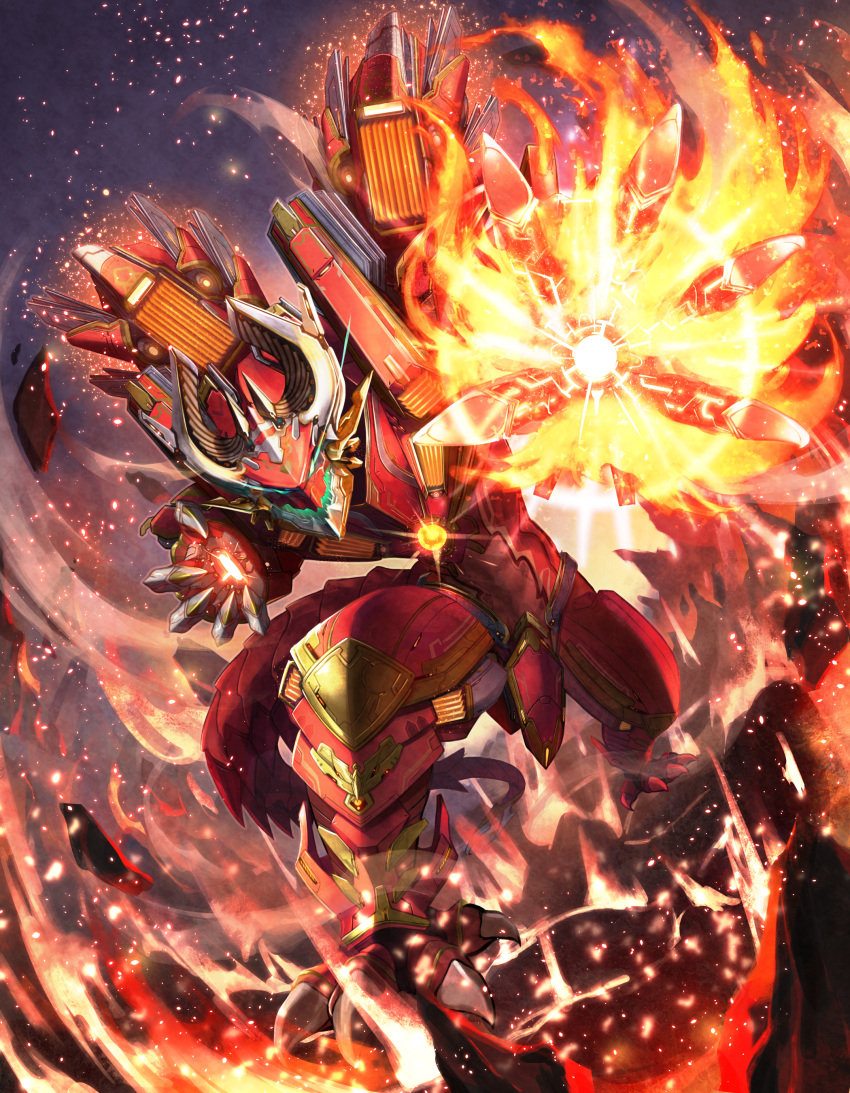 absurdres armor dragon dragon_horns explosion explosive fire full_body glowing glowing_eyes glowing_hands gold_trim green_eyes highres horns ken_ill legs_apart mecha molten_rock no_humans open_mouth original outstretched_hand red_armor sharp_teeth standing teeth