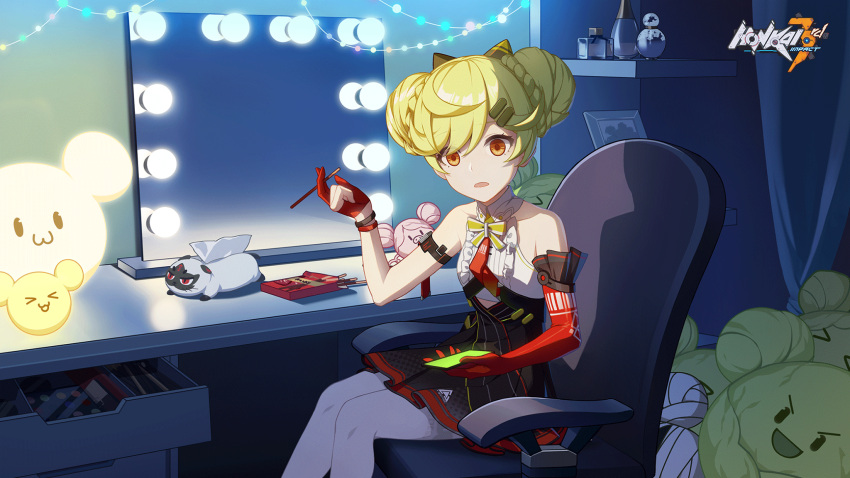 1girl :o ai-chan_(honkai_impact) bangs chair double_bun dress food green_hair hair_between_eyes hair_ornament hairpin highres holding holding_food holding_phone honkai_(series) honkai_impact_3rd indoors lamp lights looking_at_viewer mirror open_mouth orange_eyes phone pocky sleeveless sleeveless_dress solo table thigh-highs tissue tissue_box white_legwear