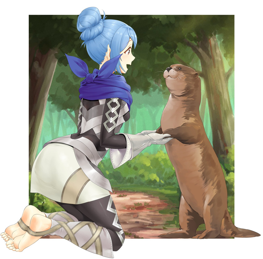 1girl animal armor armored_dress bangs barefoot black_legwear blue_hair blue_scarf brown_eyes commentary english_commentary eye_contact eyebrows_visible_through_hair fire_emblem fire_emblem_fates forest gloves grass hair_bun highres igni_tion kana_(fire_emblem) kana_(fire_emblem)_(female) kneeling long_sleeves looking_at_another manakete nature open_mouth otter outdoors pantyhose pointy_ears scarf short_hair sidelocks smile stirrup_legwear tied_hair toeless_legwear tree