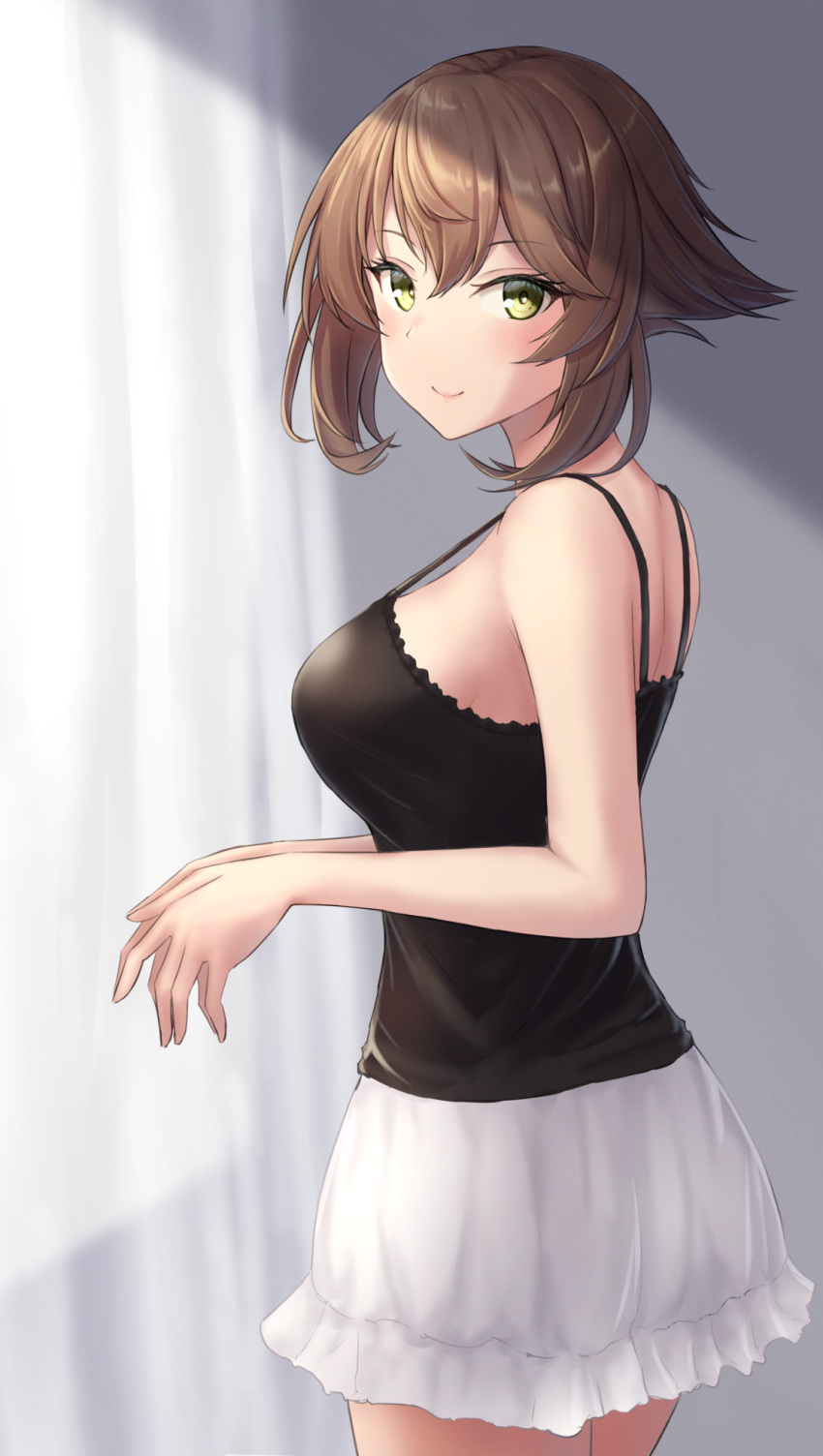 1girl alternate_costume black_camisole breasts brown_hair camisole cowboy_shot flipped_hair green_eyes highres kantai_collection large_breasts miniskirt monoku mutsu_(kancolle) short_hair skirt smile solo spaghetti_strap standing white_skirt