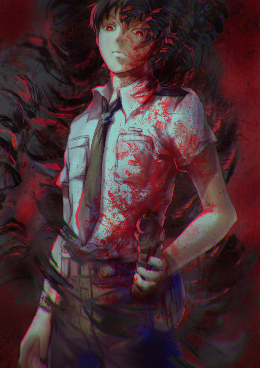 1boy absurdres ajin_(sakurai_gamon) bandaged_arm bandages black_hair black_necktie black_pants blood blood_on_clothes blood_on_face claws commentary gun hesa highres holding holding_gun holding_weapon ibm_(ajin) looking_down monster nagai_kei necktie outline pants red_background red_eyes red_outline shirt standing weapon white_shirt