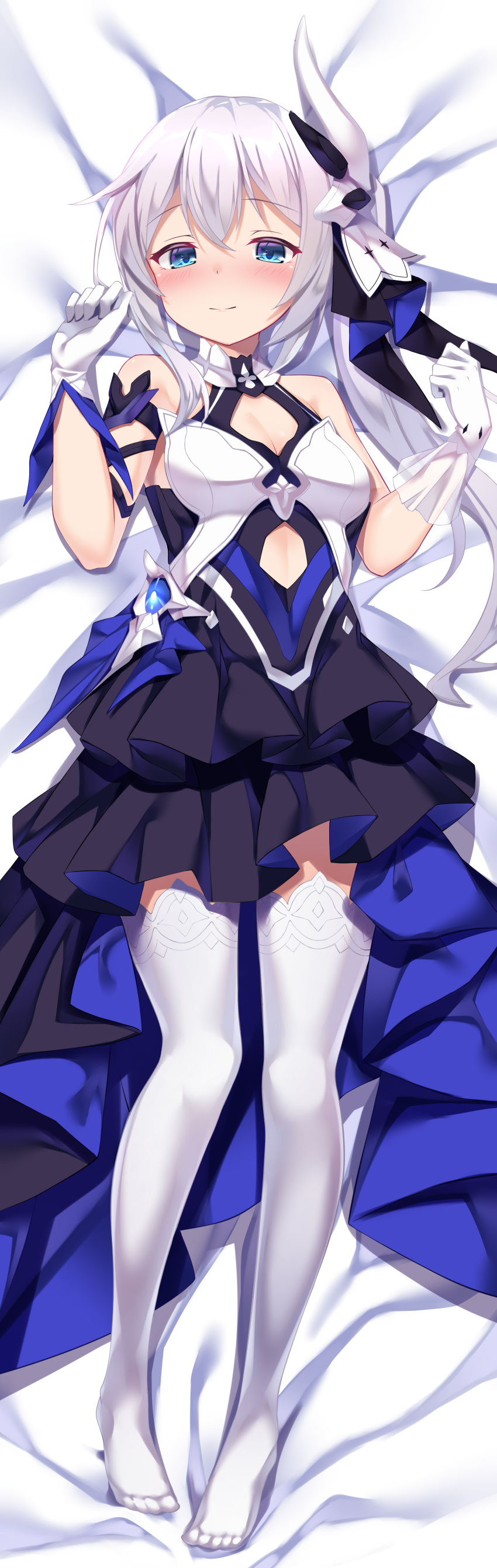 1girl absurdres bare_shoulders black_dress blue_eyes blush breasts closed_mouth commission dress gloves halter_dress halterneck highres honkai_(series) honkai_impact_3rd incredibly_absurdres looking_at_viewer lying no_shoes on_back on_bed reward_available shimo_(shimo332215) side_ponytail silver_hair skeb_commission small_breasts smile solo theresa_apocalypse thigh-highs w_arms white_gloves white_legwear