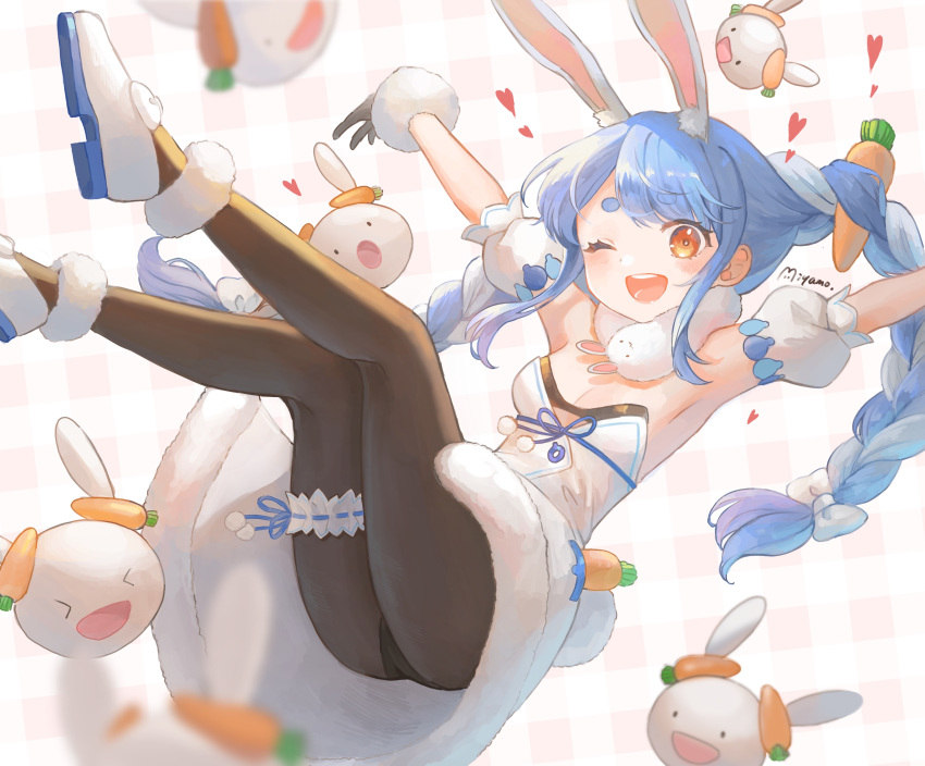 1girl ;d absurdres animal_ears artist_name bangs black_gloves black_legwear blue_hair bow braid carrot carrot_hair_ornament coat commentary detached_sleeves don-chan_(usada_pekora) food-themed_hair_ornament fur-trimmed_coat fur-trimmed_gloves fur_trim gloves hair_bow hair_ornament heart highres hololive leg_garter long_hair miyamo_(fumifumi_no_ura) multicolored_hair one_eye_closed open_mouth orange_eyes outstretched_arms pantyhose puffy_sleeves rabbit_ears scarf shoes short_sleeves smile solo strapless_coat swept_bangs twin_braids two-tone_hair usada_pekora virtual_youtuber white_coat white_footwear white_scarf