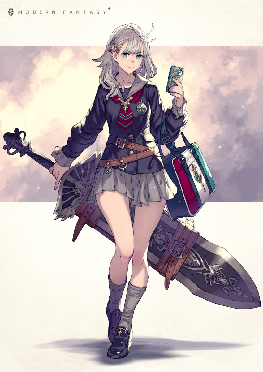 1girl bag belt black_footwear brown_belt cellphone closed_mouth clouds cloudy_sky commentary_request full_body green_eyes grey_hair grey_legwear hair_ornament handbag highres holding holding_phone holding_sword holding_weapon huge_weapon kusano_shinta long_hair long_sleeves looking_at_viewer neckerchief original phone pleated_skirt red_neckerchief revision sailor_collar school_uniform skirt sky smartphone smile standing striped striped_neckwear sword title weapon yellow_background