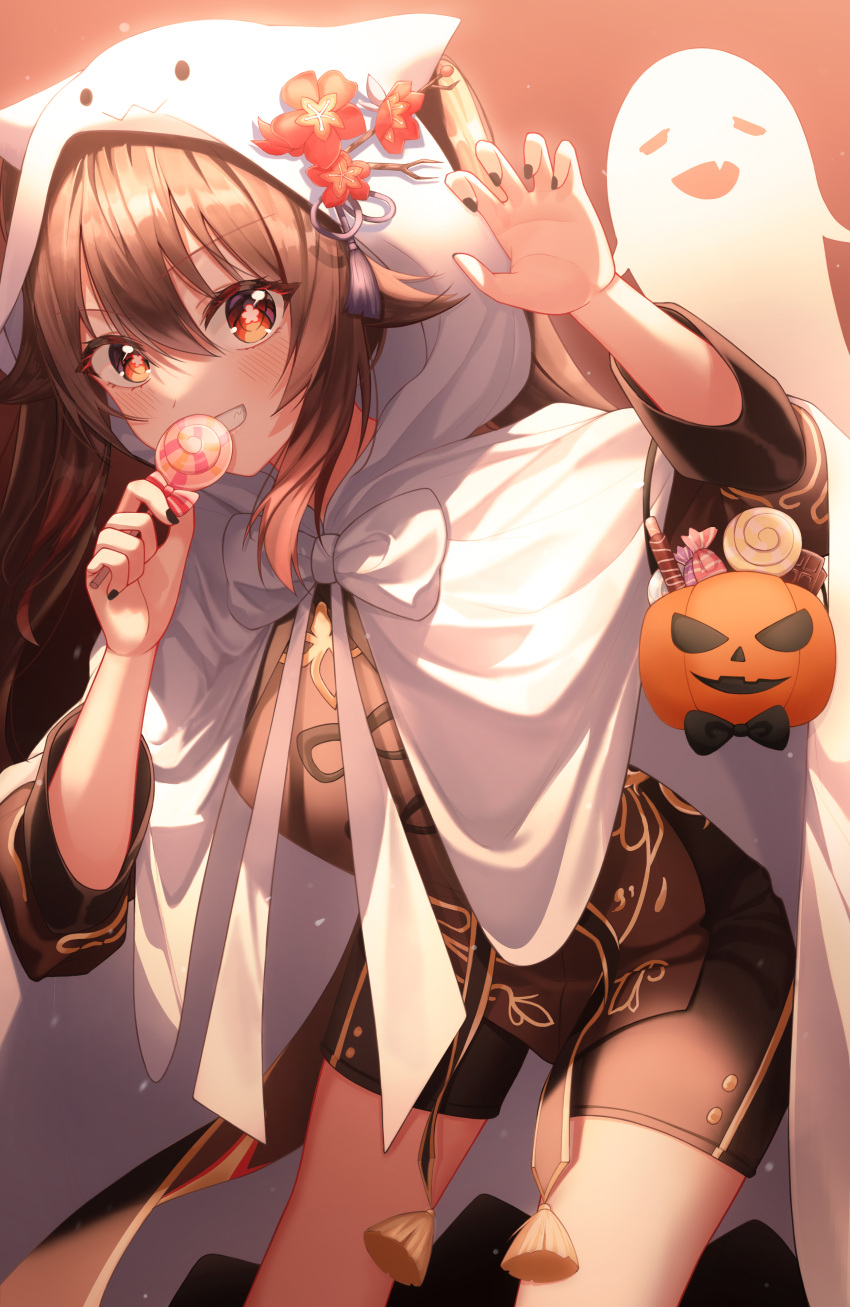 1girl absurdres blush brown_hair bucket candy cloak closed_eyes fang food genshin_impact ghost halloween halloween_costume highres hu_tao_(genshin_impact) long_sleeves looking_at_viewer nail_polish open_mouth pumpkin red_eyes shorts smile sonyj6914 symbol-shaped_pupils twintails