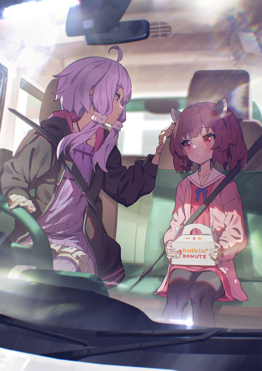 2girls ahoge blush box car car_interior criss-cross_halter dress driving dunkin'_donuts ground_vehicle halter_dress halterneck highres holding holding_box hood hood_down hoodie jacket long_sleeves looking_back motor_vehicle multiple_girls open_clothes open_hoodie open_jacket pantyhose pink_dress purple_dress purple_hair red_eyes sailor_dress scrunchie seatbelt short_hair_with_long_locks sitting steering_wheel thigh-highs touhoku_kiritan violet_eyes voiceroid yamamomo_(plank) yuzuki_yukari