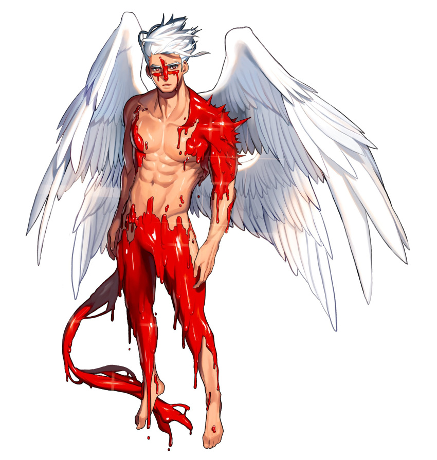 1boy abs blood blood_on_face commentary_request demon_tail dripping feathered_wings floating flying full_body highres looking_at_viewer male_focus monster_boy multiple_wings muscular muscular_male navel nipples original pectoral_cleavage pectorals rinotuna short_hair sideburns solo spikes stomach tail white_background wind wings