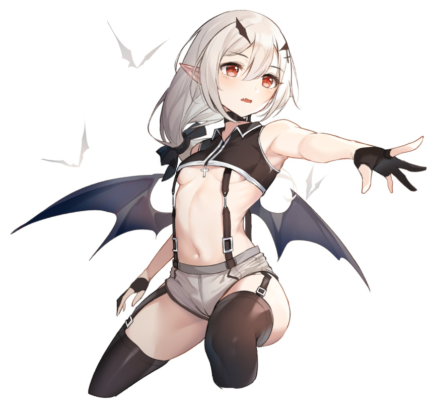 1girl armpits bare_arms bare_shoulders black_choker black_gloves black_legwear black_shirt breasts choker collared_shirt crop_top cropped_legs demon_girl demon_wings fang garter_straps gloves grey_shorts hair_between_eyes hair_ribbon highres long_hair looking_at_viewer looking_away micro_shorts midriff navel no_bra open_mouth original outstretched_arm partially_fingerless_gloves pointy_ears red_eyes revealing_clothes ribbon shirt shorts simple_background sleeveless sleeveless_shirt small_breasts snozaki solo stomach suspenders thigh-highs thighs under_boob white_background white_hair wings