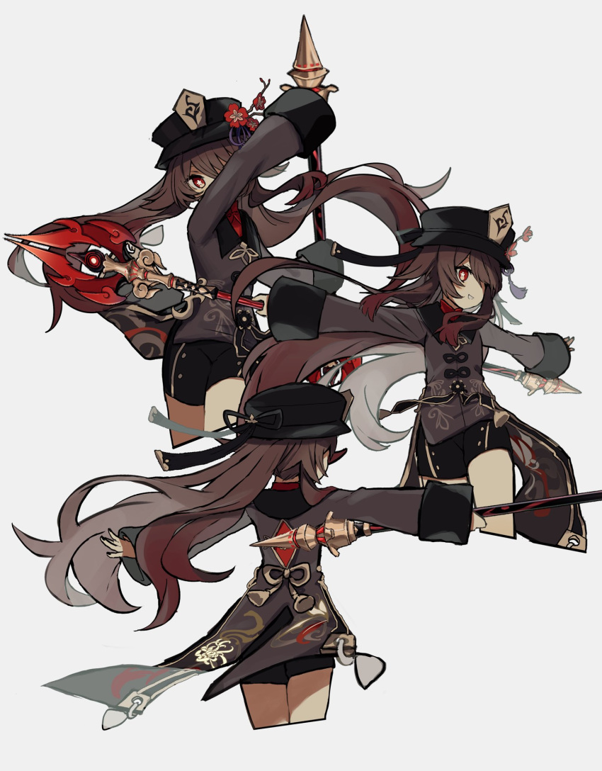 1225ka 1girl bangs black_nails black_shorts brown_coat brown_hair coat coattails collared_coat colored_tips flower flower-shaped_pupils genshin_impact hair_flaps hat hat_flower highres holding holding_polearm holding_weapon hu_tao_(genshin_impact) long_hair long_sleeves multiple_views plum_blossoms polearm porkpie_hat red_eyes red_flower red_shirt shirt shorts sidelocks solo staff_of_homa_(genshin_impact) symbol-shaped_pupils tassel twintails very_long_hair vision_(genshin_impact) weapon