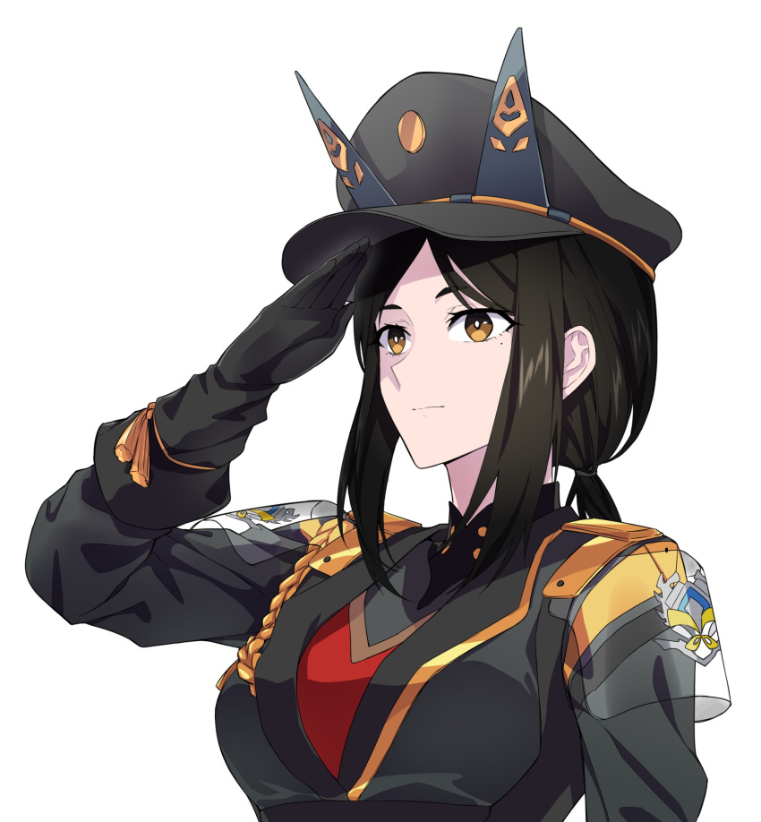 1girl arknights black_gloves black_hair black_headwear black_jacket breasts closed_mouth dobermann_(arknights) eyebrows_visible_through_hair gloves hair_ornament hairclip hat highres jacket light_brown_eyes long_hair looking_away military military_hat military_uniform mole mole_under_eye salute solo suprii uniform upper_body white_background