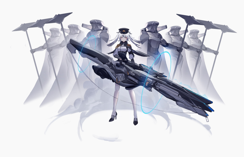 1girl 6+others armor black_gloves cape capelet epaulettes fringe_trim full_armor gloves grey_eyes gun hair_ornament hairclip hat high_heels highres holding holding_gun holding_weapon huge_weapon long_hair looking_at_viewer multiple_others original pantyhose peaked_cap science_fiction smoke twintails weapon white_background white_hair white_legwear xin_(1844210356)