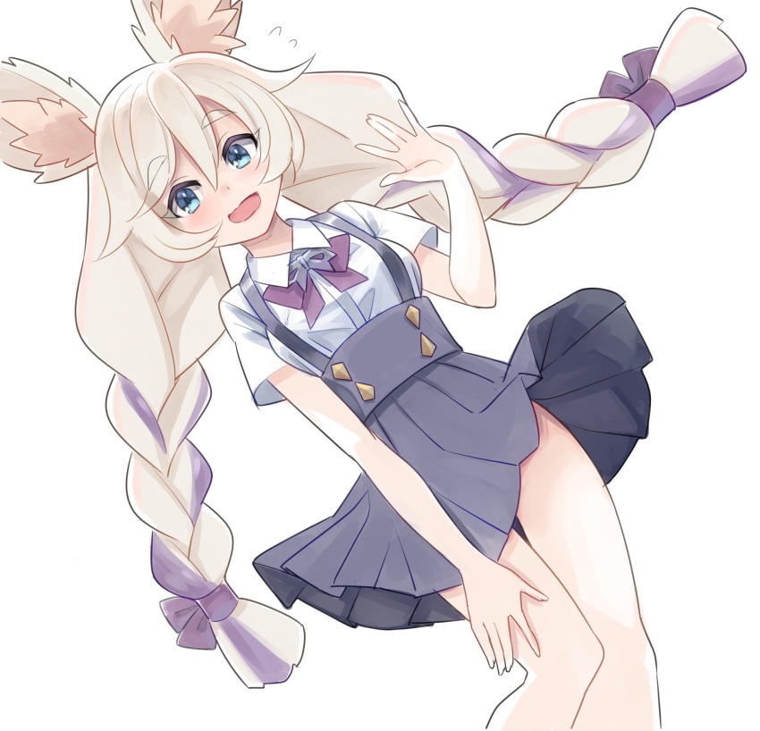 1girl alternate_costume animal_ear_fluff animal_ears bangs black_skirt blonde_hair blue_eyes blush bow bowtie braid breasts cat_ears collared_shirt commentary_request dutch_angle eyebrows_visible_through_hair flying_sweatdrops hair_ribbon hand_up happy highres jpeg_artifacts komuro_takahiro light_blush long_hair looking_at_viewer medium_breasts miniskirt multicolored_hair open_mouth pleated_skirt purple_bow purple_bowtie purple_hair purple_ribbon rebecca_(world_flipper) ribbon school_uniform shirt short_sleeves sidelocks simple_background skirt smile solo standing streaked_hair suspender_skirt suspenders tied_hair twin_braids two-tone_hair very_long_hair waving white_background white_shirt world_flipper