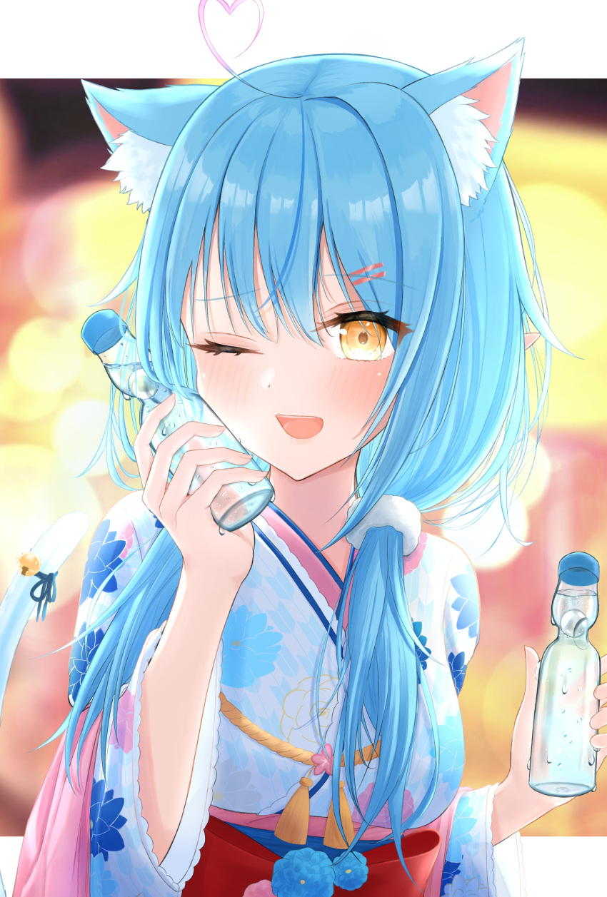 1girl ;d absurdres ahoge animal_ear_fluff animal_ears bangs blue_hair blurry blurry_background blush bottle cat_ears cat_girl cat_tail depth_of_field hair_between_eyes hair_ornament hairclip heart_ahoge highres holding holding_bottle hololive honome_sui japanese_clothes kimono long_hair looking_at_viewer low_twintails official_alternate_costume one_eye_closed open_mouth ramune ribbon smile solo tail tail_ornament tail_ribbon twintails upper_body virtual_youtuber yellow_eyes yukihana_lamy