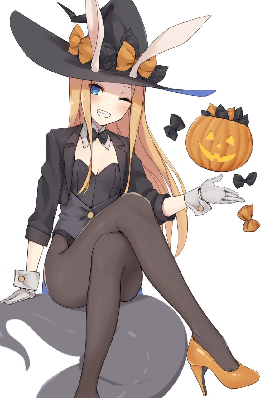 1girl abigail_williams_(fate) absurdres animal_ears arm_support bangs black_bow black_headwear black_jacket black_legwear black_leotard black_vest blonde_hair blush bow brown_bow commentary_request cropped_jacket crossed_legs eyes_visible_through_hair fake_animal_ears fate/grand_order fate_(series) gloves grin hat hat_bow high_heels highres jack-o'-lantern jacket kopaka_(karda_nui) leotard long_hair long_sleeves looking_at_viewer one_eye_closed open_clothes open_jacket orange_footwear pantyhose parted_bangs polka_dot polka_dot_bow rabbit_ears shoes simple_background sitting smile solo tentacles very_long_hair vest white_background white_gloves witch_hat