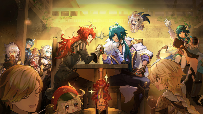 5girls 6+boys :d ^_^ ^o^ ahoge albedo_(genshin_impact) arm_wrestling bangs belt blurry bottle bow braid braided_ponytail cabbie_hat character_request closed_eyes clover_print commentary_request depth_of_field diluc_(genshin_impact) eating eula_(genshin_impact) eyebrows_visible_through_hair eyepatch eyes_visible_through_hair floating genshin_impact habit hair_between_eyes hair_bow hair_ribbon hat hayama_eishi highres hood jean_(genshin_impact) kaeya_(genshin_impact) klee_(genshin_impact) light_brown_hair long_hair long_sleeves low_ponytail low_twintails mechanical_halo multiple_boys multiple_girls nun paimon_(genshin_impact) pointy_ears ponytail razor_(genshin_impact) ribbon rosaria_(genshin_impact) short_hair short_sleeves sidelocks single_braid sitting smile sparks tavern twintails venti_(genshin_impact) wine_bottle