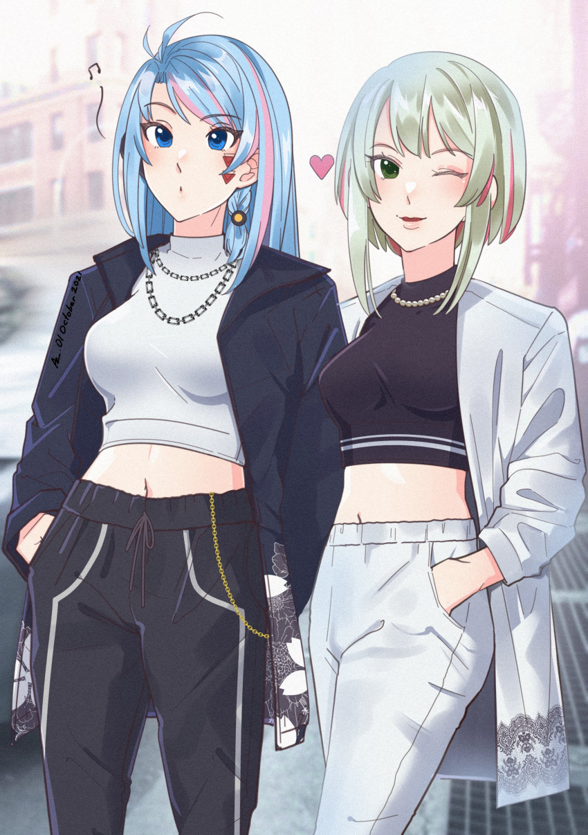 2girls :o absurdres alternate_costume aztree azura_cecillia black_jacket black_pants blue_eyes blue_hair blush breasts english_commentary eyebrows_visible_through_hair green_eyes grey_hair grey_jacket grey_pants hand_in_pocket heart highres jacket jewelry long_hair looking_up medium_breasts miyu_ottavia multicolored_hair multiple_girls musical_note necklace nijisanji nijisanji_id one_eye_closed open_mouth pants pink_hair short_hair smile streaked_hair sweatpants