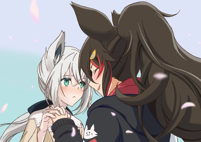 2girls :&lt; animal_ears bangs beige_shirt black_bow black_hoodie blush bow braid closed_eyes commentary_request eyebrows_visible_through_hair fox_ears fox_girl green_eyes hair_between_eyes hair_bow hair_ornament hairclip highres holding_hands hololive hood hoodie long_hair long_sleeves looking_at_another multicolored_hair multiple_girls ookami_mio open_mouth petals ponytail redhead shirakami_fubuki sidelocks single_braid smile streaked_hair virtual_youtuber wolf_ears wolf_girl yoshino_kagami