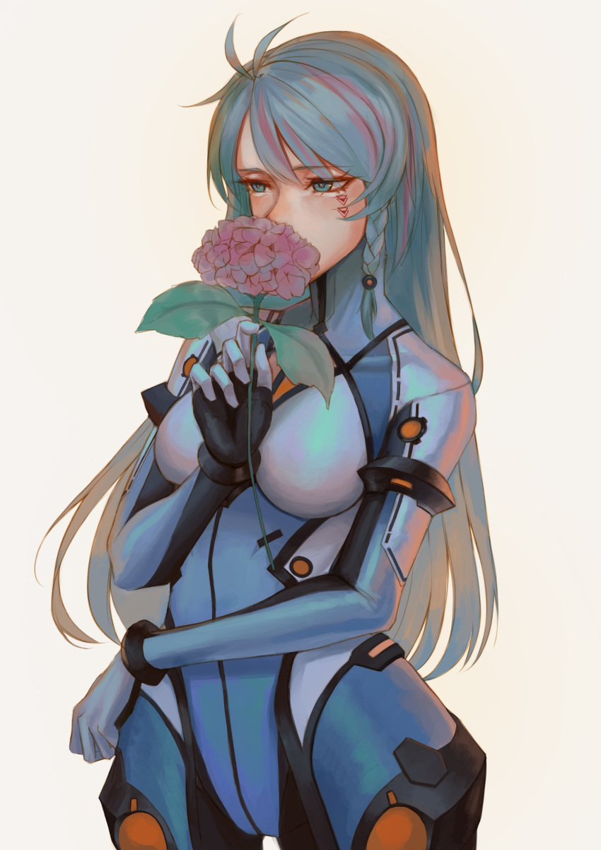 1girl azura_cecillia beige_background blue_bodysuit blue_eyes blue_hair bodysuit braid breasts covered_mouth daniel_ivan english_commentary flower gloves highres holding holding_flower indonesian_commentary medium_breasts mixed-language_commentary multicolored_hair nijisanji nijisanji_id pilot_suit pink_flower pink_hair solo streaked_hair virtual_youtuber white_gloves wide_hips