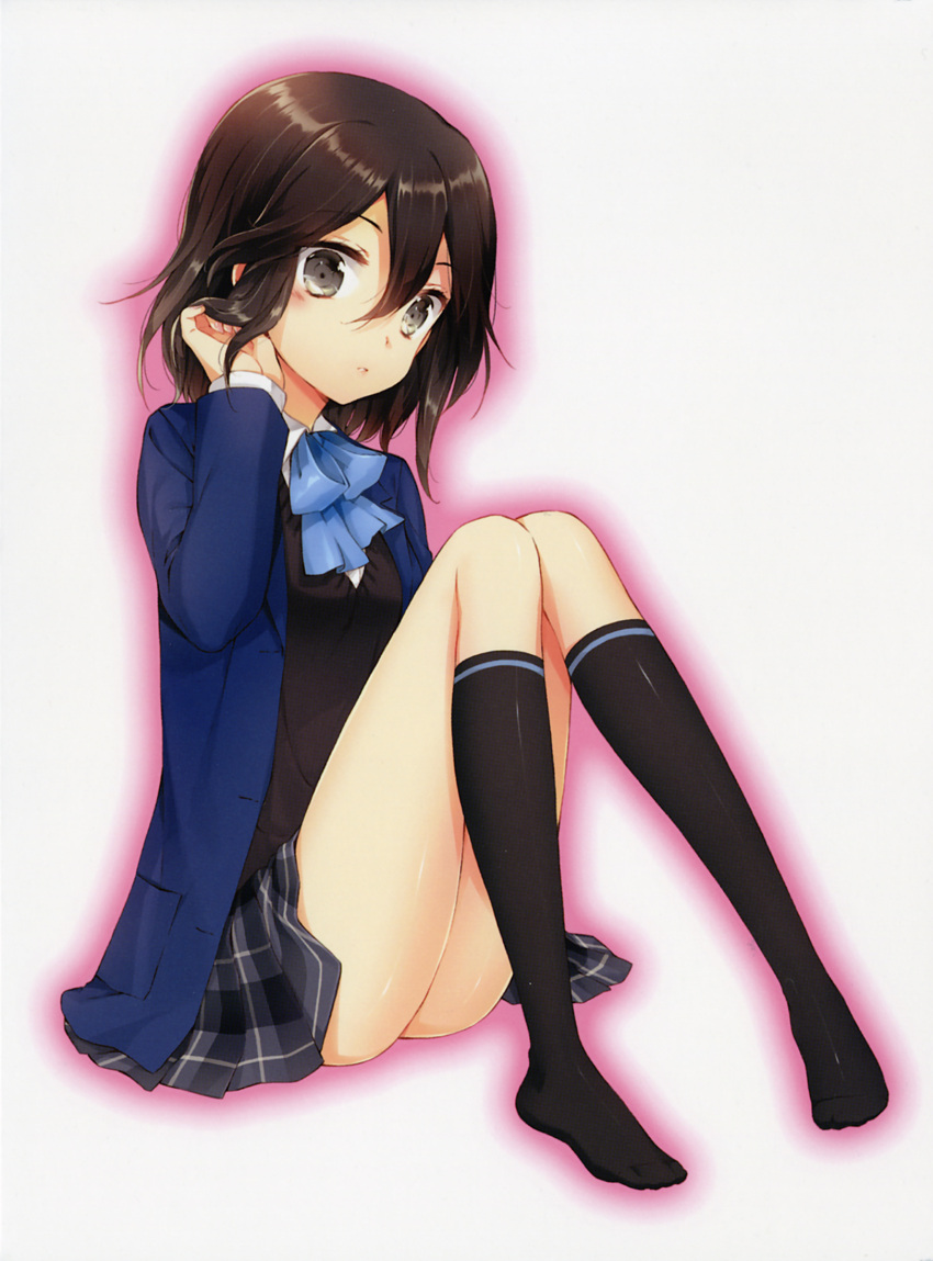 1girl adjusting_hair ass black_hair black_legwear black_skirt black_sweater_vest blazer blue_bow blue_bowtie blue_jacket bow bowtie brown_eyes cover cuteg dress_shirt dvd_cover full_body hair_between_eyes hand_in_hair hand_to_head highres inaba_himeko jacket kneehighs knees_together_feet_apart knees_up kokoro_connect looking_at_viewer no_shoes official_art open_clothes open_jacket parted_lips plaid plaid_skirt pleated_skirt scan school_uniform shirt short_hair sitting skirt socks solo white_shirt