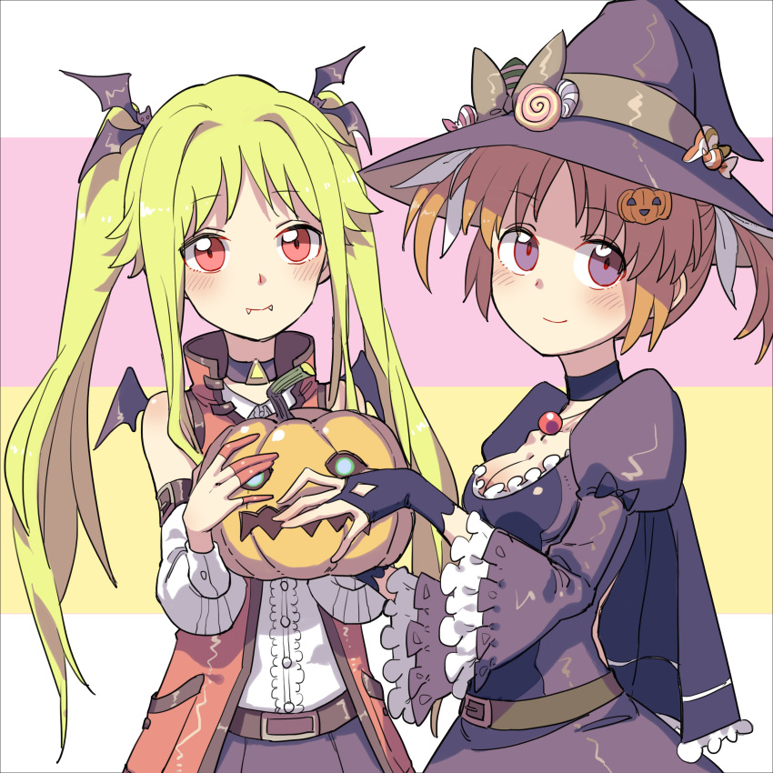 2girls absurdres alternate_costume blonde_hair brown_hair couple fangs fate_testarossa hair_ornament hair_ribbon halloween happy hat highres jack-o'-lantern long_hair lyrical_nanoha mahou_shoujo_lyrical_nanoha mahou_shoujo_lyrical_nanoha_a's multiple_girls rakuichi red_eyes ribbon short_twintails simple_background smile takamachi_nanoha twintails vampire violet_eyes wife_and_wife witch yuri