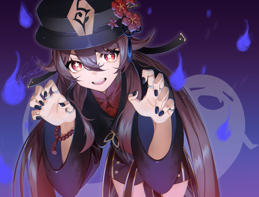 1girl bead_bracelet beads black_headwear black_jacket black_nails black_shorts botantouki bracelet brown_hair chinese_clothes claw_pose commentary cowboy_shot fire flower flower-shaped_pupils genshin_impact ghost gradient gradient_background hair_between_eyes hair_flaps hat highres hu_tao_(genshin_impact) jacket jewelry long_hair looking_at_viewer nail_polish open_mouth plum_blossoms porkpie_hat purple_background purple_fire red_eyes red_shirt shirt short_shorts shorts signature simple_background smile solo symbol-shaped_pupils tangzhuang tassel twintails