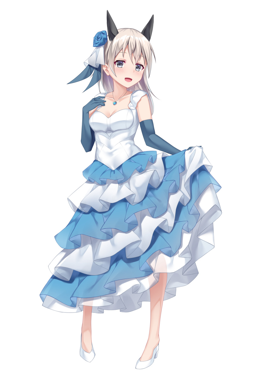 1girl :d absurdres alternate_costume animal_ears bangs blue_dress blue_flower blue_gloves blue_rose blush commission dress eila_ilmatar_juutilainen elbow_gloves flower fox_ears full_body gloves grey_eyes hair_flower hair_ornament high_heels highres jewelry layered_dress long_dress long_hair looking_at_viewer necklace open_mouth reward_available rose shimo_(shimo332215) silver_hair simple_background skeb_commission skirt_hold smile solo strike_witches two-tone_dress white_background white_dress world_witches_series