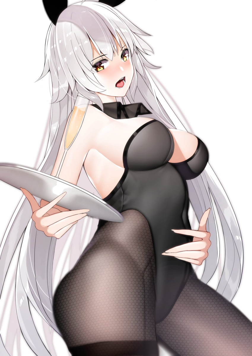 1girl animal_ears armpits bangs bare_shoulders black_hair breasts cup drinking_glass fake_animal_ears fate/grand_order fate_(series) highres holding holding_plate jeanne_d'arc_(alter)_(fate) jeanne_d'arc_(fate) long_hair looking_at_viewer mairudo_(mildcoffee1117) open_mouth plate playboy_bunny rabbit_ears silver_hair solo thigh-highs wine_glass yellow_eyes
