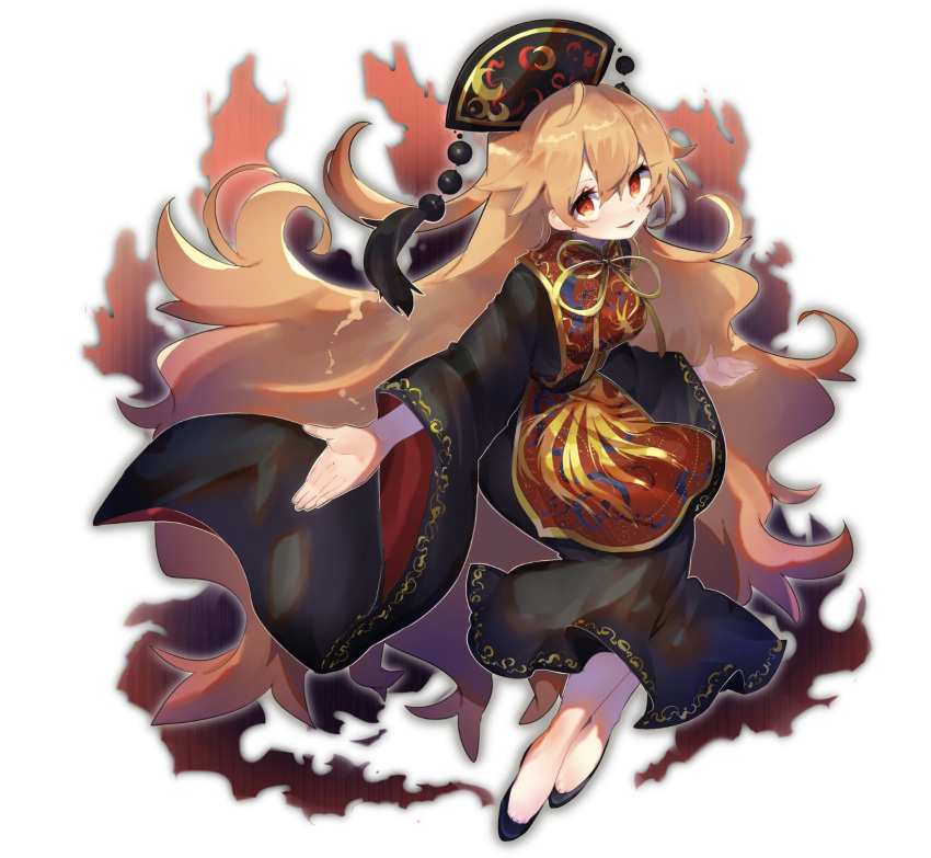 1girl ayahi_4 blonde_hair chinese_clothes crescent fox_tail highres junko_(touhou) long_hair multiple_tails orange_hair red_eyes solo tabard tail touhou