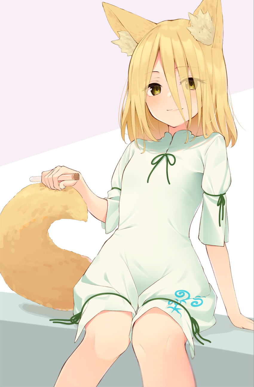 1girl animal_ear_fluff animal_ears arm_support blonde_hair blush breasts closed_mouth commentary cork corked_bottle cowboy_shot eyebrows_visible_through_hair eyes_visible_through_hair fox_ears fox_girl fox_tail green_neckwear green_ribbon hair_between_eyes hand_up highres holding holding_test_tube kanpa_(campagne_9) knees_together_feet_apart kudamaki_tsukasa light_smile long_bangs looking_at_viewer medium_hair ribbon romper short_sleeves sitting sleeve_ribbon small_breasts solo tail test_tube touhou yellow_eyes