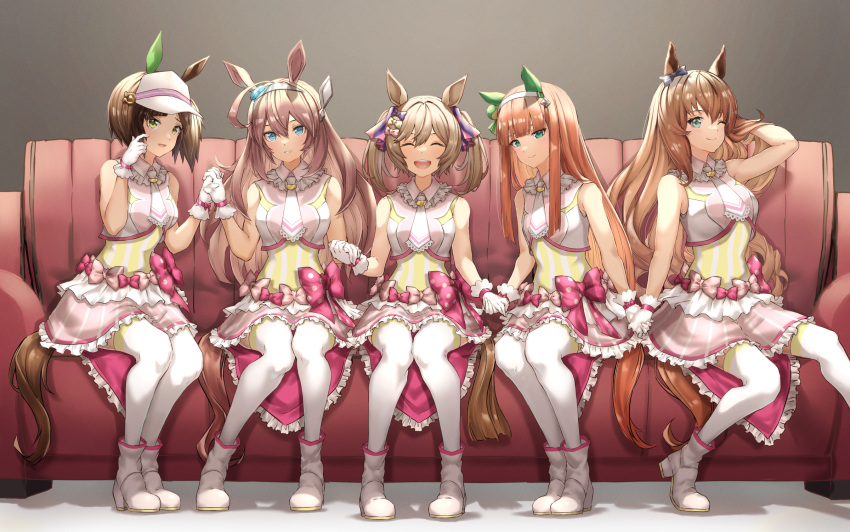 5girls ahoge animal_ears aqua_eyes bangs bare_shoulders beruu blue_eyes blunt_bangs closed_eyes commentary couch crop_top ear_bow ear_covers ear_ornament frilled_skirt frills gloves hair_ornament hairband highres hime_cut horse_ears horse_girl horse_tail idol_clothes ines_fujin_(umamusume) layered_skirt long_hair maruzensky_(umamusume) mihono_bourbon_(umamusume) multiple_girls necktie official_alternate_costume one_eye_closed orange_hair pleated_skirt shoes silence_suzuka_(umamusume) single_ear_cover skirt sleeveless smart_falcon_(umamusume) tail thigh-highs umamusume visor_cap waist_bow white_gloves white_hairband white_legwear white_neckwear yellow_eyes