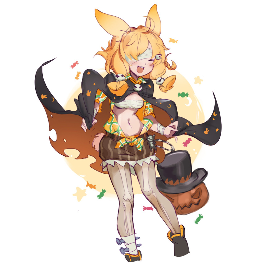 1girl :d animal_ears arknights bandage_over_one_eye bandaged_arm bandages blonde_hair blush breasts cape closed_eyes full_body hair_ornament halloween highres jack-o'-lantern kroos_(arknights) kroos_(the_mag)_(arknights) navel nemo_(leafnight) open_clothes open_shirt pantyhose rabbit_ears sarashi simple_background skeleton_print skull_hair_ornament small_breasts smile solo stomach torn_clothes white_background