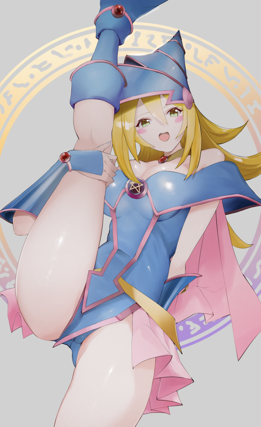 1girl absurdres bare_shoulders blonde_hair blue_footwear blue_headwear blush_stickers breasts dark_magician_girl duel_monster green_eyes hat highres large_breasts long_hair mole_(pixiv31755575) open_mouth pentacle solo wizard_hat yu-gi-oh!