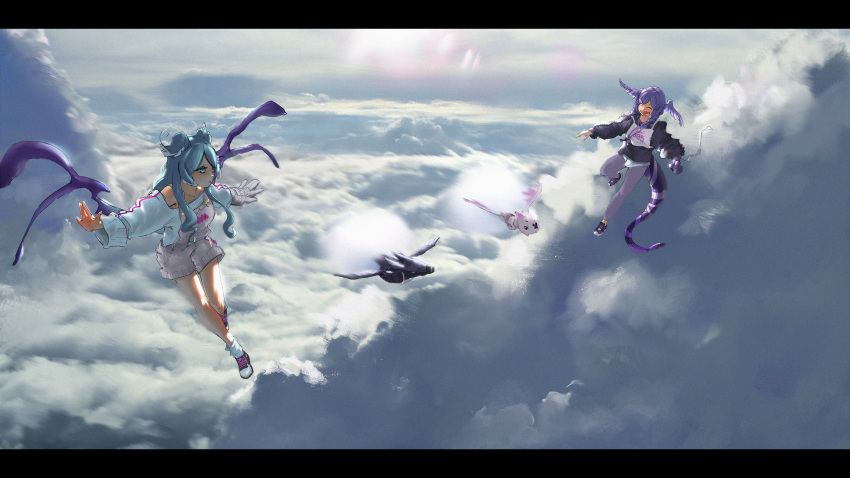 2girls ^_^ absurdres black_sweater blue_eyes blue_hair closed_eyes dragon dragon_girl dragon_tail elira_pendora ember_(selen_tatsuki) english_commentary flying gloves grey_gloves grey_overalls hair_over_one_eye head_wings highres laughing letterboxed low_wings multiple_girls nijisanji nijisanji_en off_shoulder one_eye_covered overall_shorts overalls pants pikl_(elira_pendora) purple_hair purple_pants selen_tatsuki siblings single_glove sisters sweater tail toren_2p2t virtual_youtuber white_sweater wings