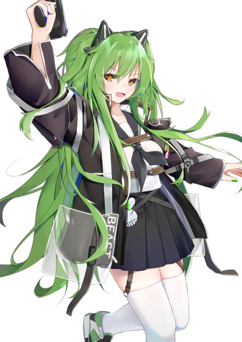 1girl absurdres animal_ears calico_m950 fake_animal_ears girls_frontline green_hair gun handgun highres holding holding_gun holding_weapon jacket kotoha_(kotoha65) long_hair m950a_(girls'_frontline) mod3_(girls'_frontline) open_mouth pistol school_uniform skindentation solo standing standing_on_one_leg thigh-highs very_long_hair weapon white_background white_legwear yellow_eyes