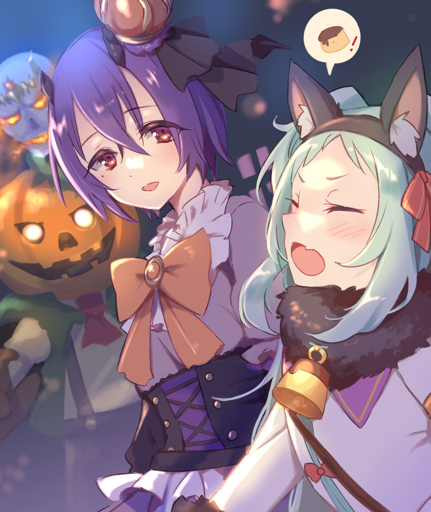 2girls :d animal_ear_fluff animal_ears ascot bangs bell black_hairband black_skirt blue_hair blush bow broken_horn brown_bow closed_eyes commentary_request crown eyebrows_visible_through_hair fake_animal_ears fang flaming_eyes food forehead fur_collar glowing glowing_eyes grey_shirt gucchiann hair_between_eyes hairband halloween highres horns jack-o'-lantern jacket mini_crown miyako_(princess_connect!) multiple_girls princess_connect! pudding puffy_short_sleeves puffy_sleeves purple_hair red_eyes red_neckwear shinobu_(princess_connect!) shirt short_hair short_sleeves skirt skull smile spoken_food suspender_skirt suspenders tilted_headwear two_side_up v-shaped_eyebrows white_jacket white_shirt