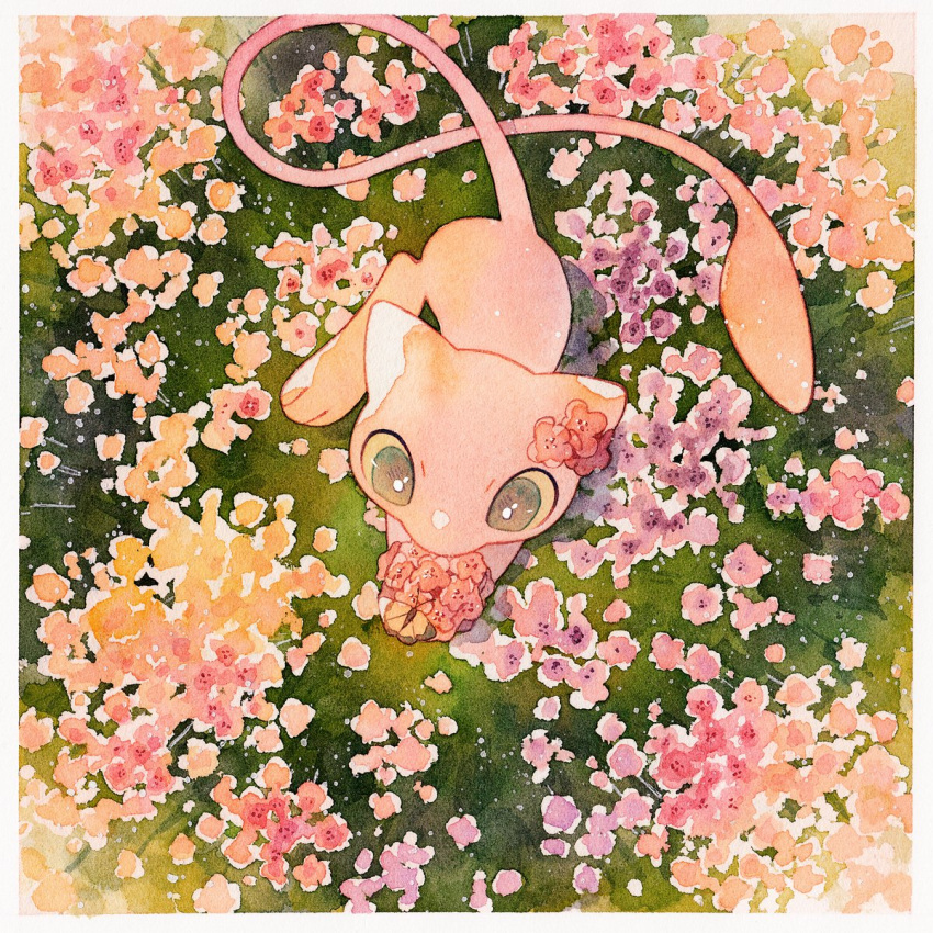 border commentary_request flower from_above grass grey_eyes highres holding holding_flower mew no_humans oharu-chan painting_(medium) pink_flower pokemon pokemon_(creature) solo traditional_media watercolor_(medium) white_border