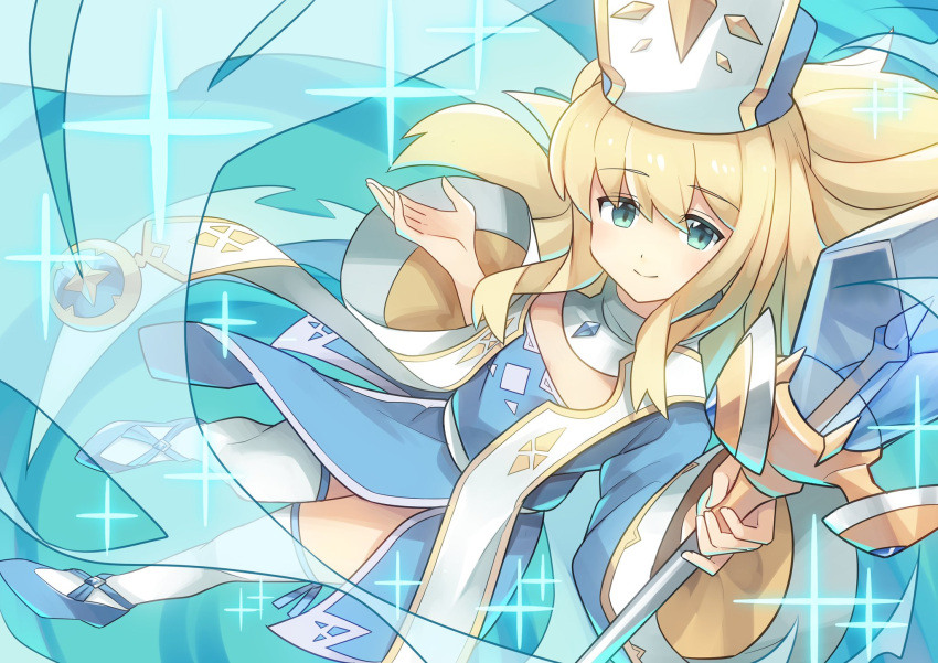 1girl bangs blonde_hair blue_background blue_dress blue_footwear blue_theme blush cleavage_cutout closed_mouth clothing_cutout commentary_request crystal dress eyebrows_visible_through_hair flat_chest from_above green_eyes hands_up happy highres holding holding_staff jpeg_artifacts komuro_takahiro liesel_(world_flipper) light_blush long_hair long_sleeves looking_at_viewer mitre sapphire_(gemstone) shiny shiny_hair shoes sidelocks smile solo sparkle staff thigh-highs white_headwear white_legwear wide_sleeves world_flipper