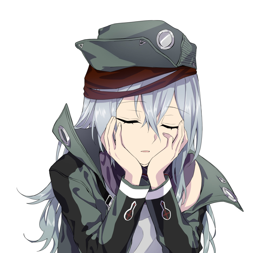 1girl absurdres blue_hair closed_eyes eyebrows_visible_through_hair g11_(girls'_frontline) girls_frontline green_headwear green_jacket hands_on_own_face highres jacket long_hair open_clothes open_jacket open_mouth shirt solo suprii upper_body white_background white_shirt