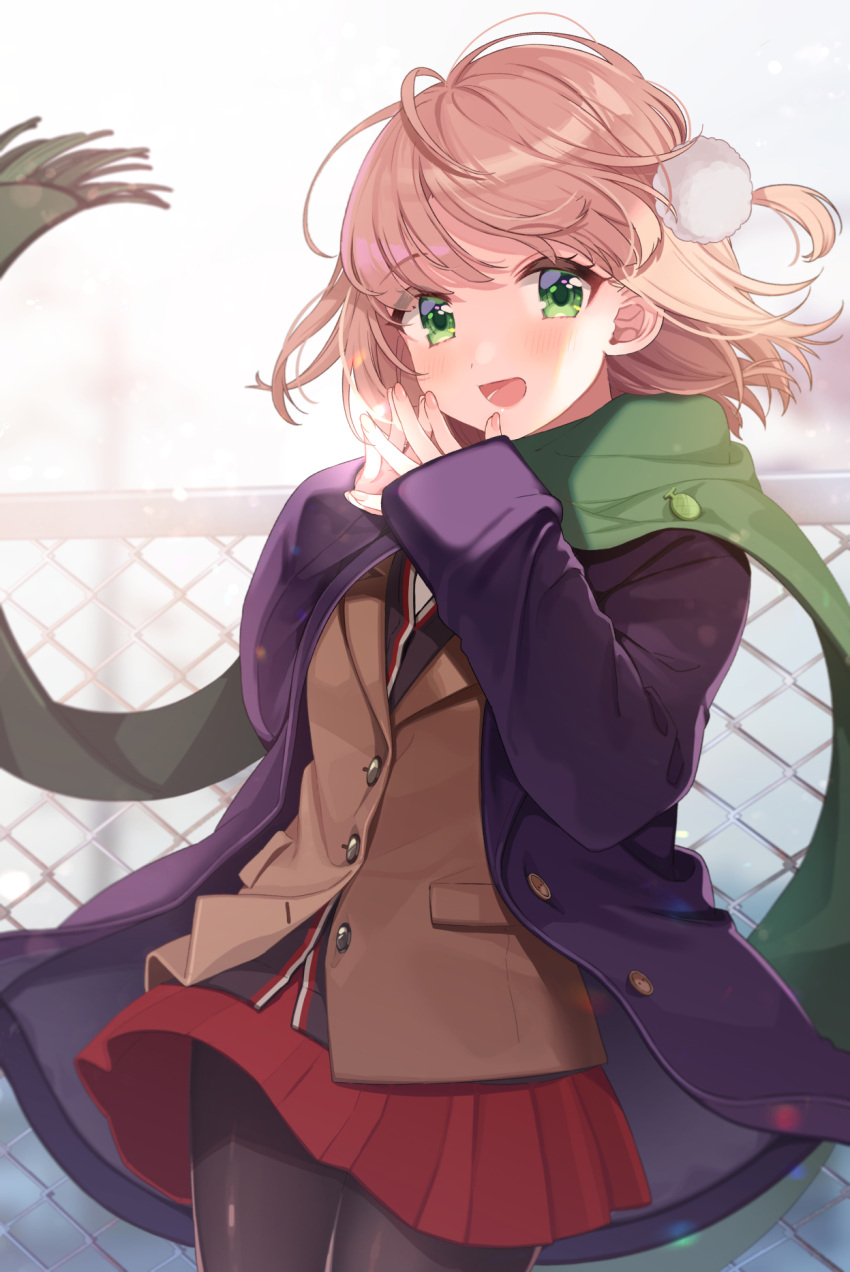 1girl :d black_legwear black_shirt blush brown_jacket chain-link_fence coat commentary_request cowboy_shot fence fingers_together green_eyes green_scarf hair_ornament highres indie_virtual_youtuber jacket light_brown_hair long_sleeves looking_at_viewer open_clothes open_coat open_mouth pantyhose pleated_skirt pom_pom_(clothes) pom_pom_hair_ornament purple_coat red_skirt scarf school_uniform shigure_ui shigure_ui_(vtuber) shirt skirt sleeves_past_wrists smile solo steepled_fingers