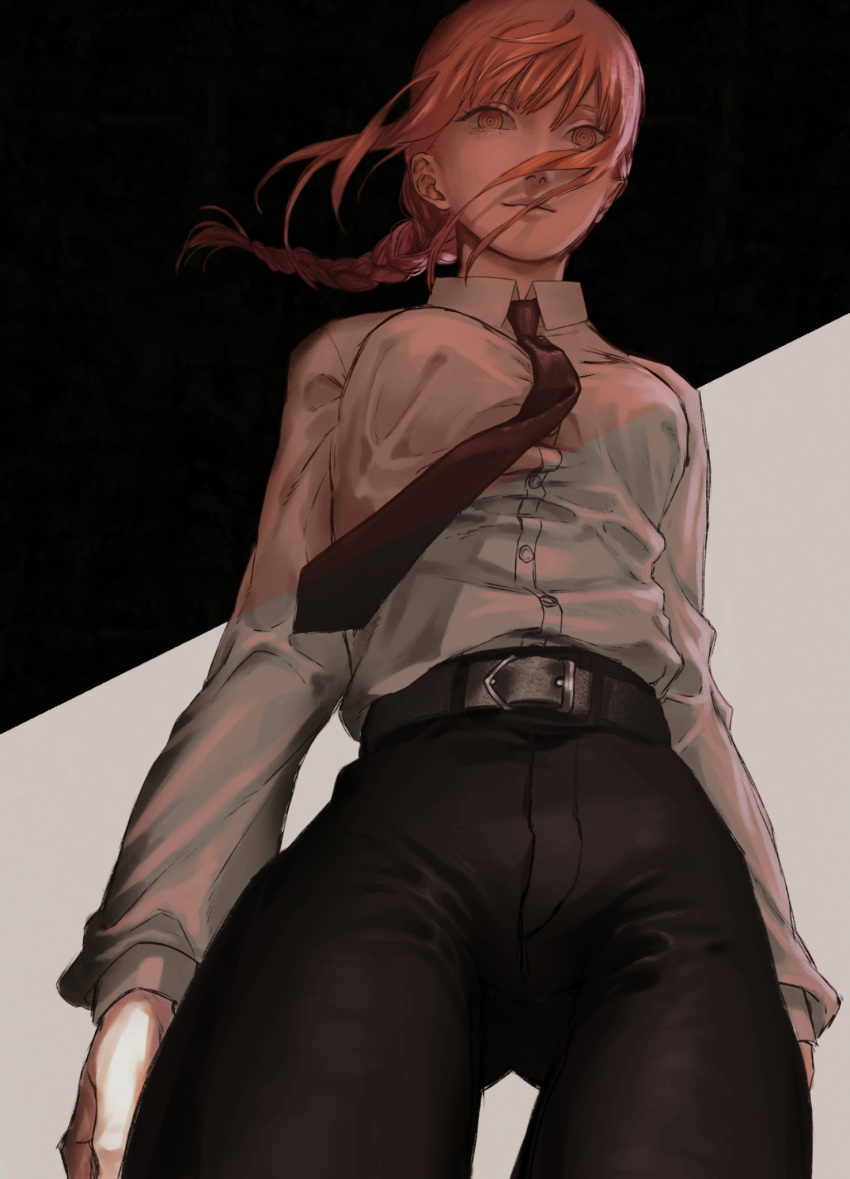 1girl bangs belt black_belt black_necktie black_pants braid chainsaw_man collared_shirt cowboy_shot formal from_below highres long_hair long_sleeves looking_at_viewer makima_(chainsaw_man) momota_ro5555 necktie pants redhead ringed_eyes shirt single_braid smile solo standing two-tone_background white_shirt yellow_eyes