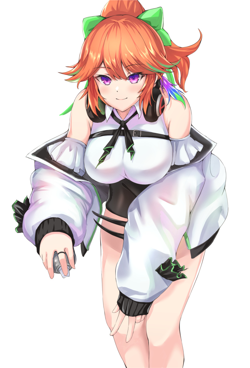 1girl bangs black_shorts blush breasts can closed_mouth collared_shirt commentary detached_sleeves earrings eyebrows_visible_through_hair feather_earrings feathers feet_out_of_frame green_hair hair_between_eyes headphones headphones_around_neck highres holding holding_can hololive hololive_english jacket jewelry large_breasts long_hair long_sleeves looking_at_viewer multicolored_hair open_clothes open_jacket orange_hair ponytail puffy_long_sleeves puffy_sleeves shirt shorts simple_background smile solo spray_can streaked_hair takanashi_kiara violet_eyes virtual_youtuber white_background white_jacket white_shirt yahan_(mctr5253)