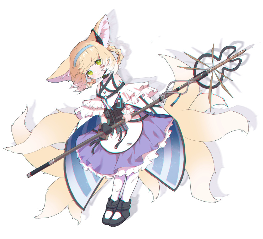 1girl absurdres animal_ears arknights bare_shoulders black_collar black_footwear blonde_hair blue_hairband braid collar commentary dress earpiece extra_ears fox_ears fox_girl fox_tail full_body green_eyes hairband highres holding holding_staff id_card infection_monitor_(arknights) kitsune kyuubi looking_at_viewer multicolored_hair multiple_tails pantyhose shadow shoes short_hair simple_background smile solo staff streaked_hair suzuran_(arknights) tail white_background white_dress white_hair white_legwear yiyizi