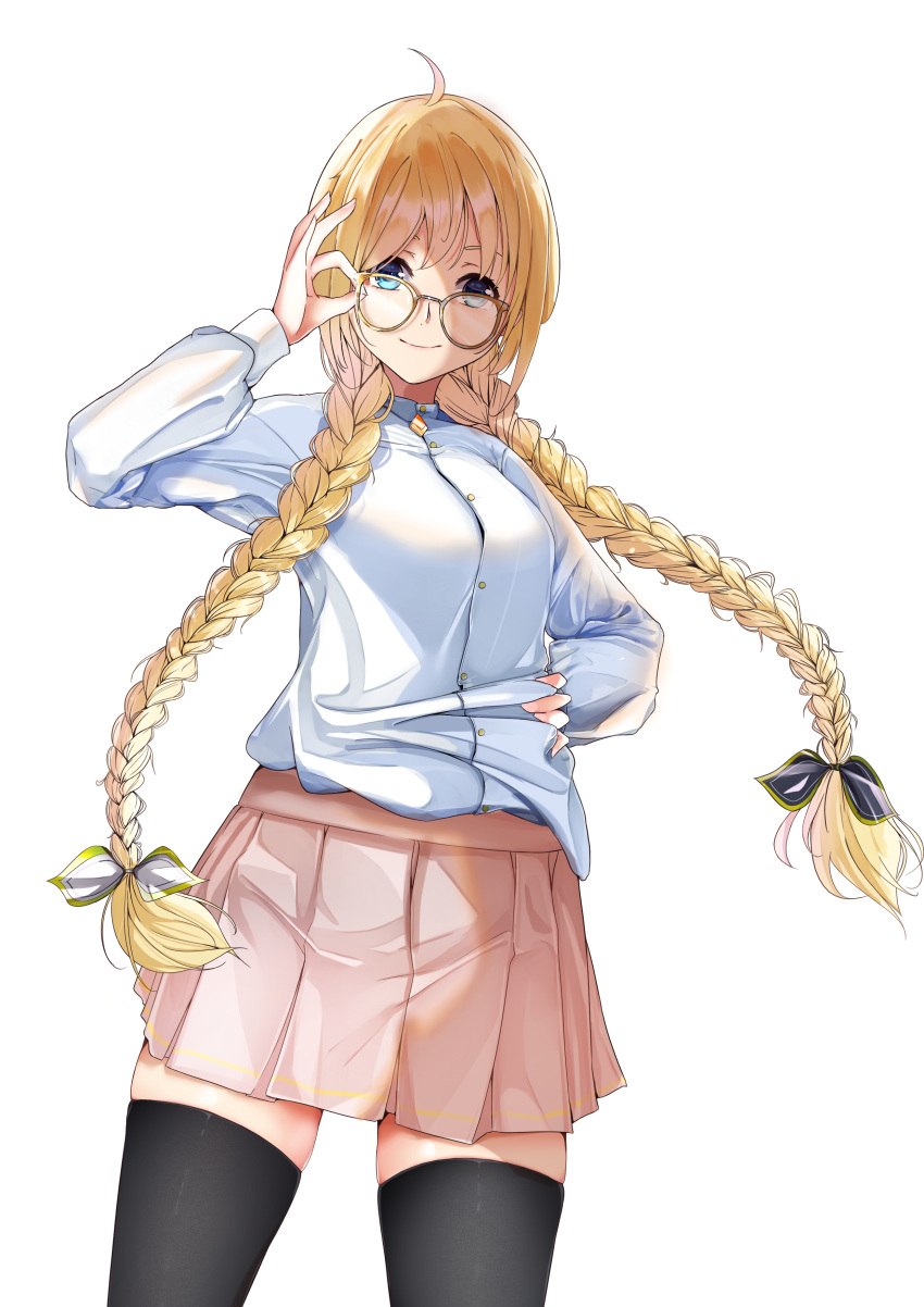 1girl absurdres alternate_hairstyle braid breasts collared_shirt glasses hand_on_hip highres holding holding_eyewear long_hair medium_breasts nijisanji nijisanji_id pencamp pink_skirt shirt skindentation skirt smile solo thigh-highs twin_braids very_long_hair virtual_youtuber white_background white_shirt zea_cornelia zettai_ryouiki